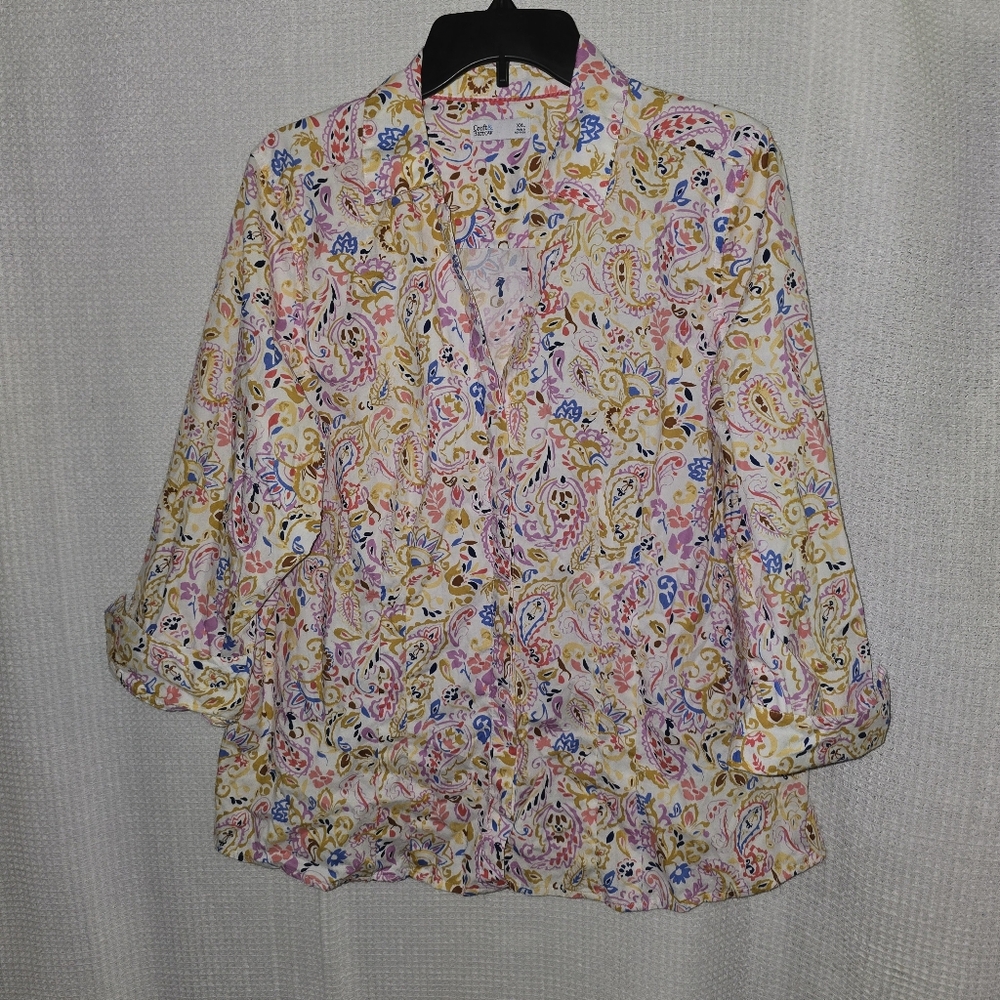 Croft & Barrow Multicolor Paisley Blouse 3/4 Sleeve Folded Cuff Sz XXL Button-Up
